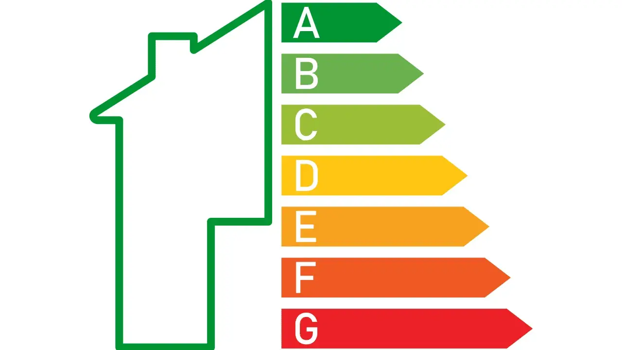 Gráfico de la escala de eficiencia energética de una vivienda, con una casa verde y flechas de colores de A (verde) a G (rojo).