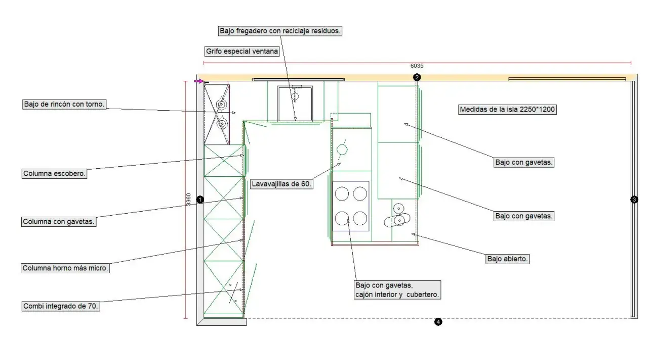 Plano de cocina con medidas detalladas: bajo fregadero, lavavajillas, columnas y una isla central.