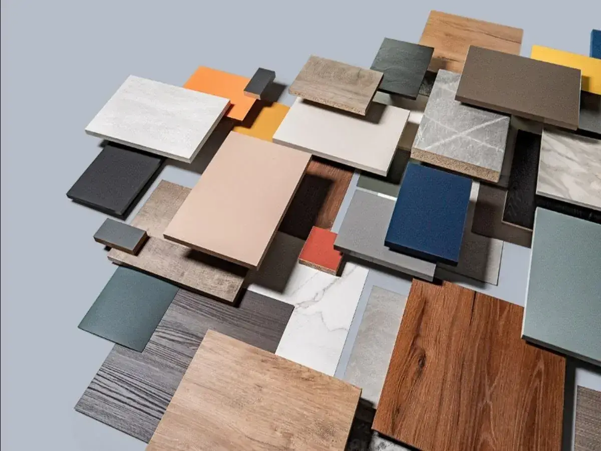 Muestras de melamina que es un material versátil para muebles, con texturas de madera, mármol y colores lisos.