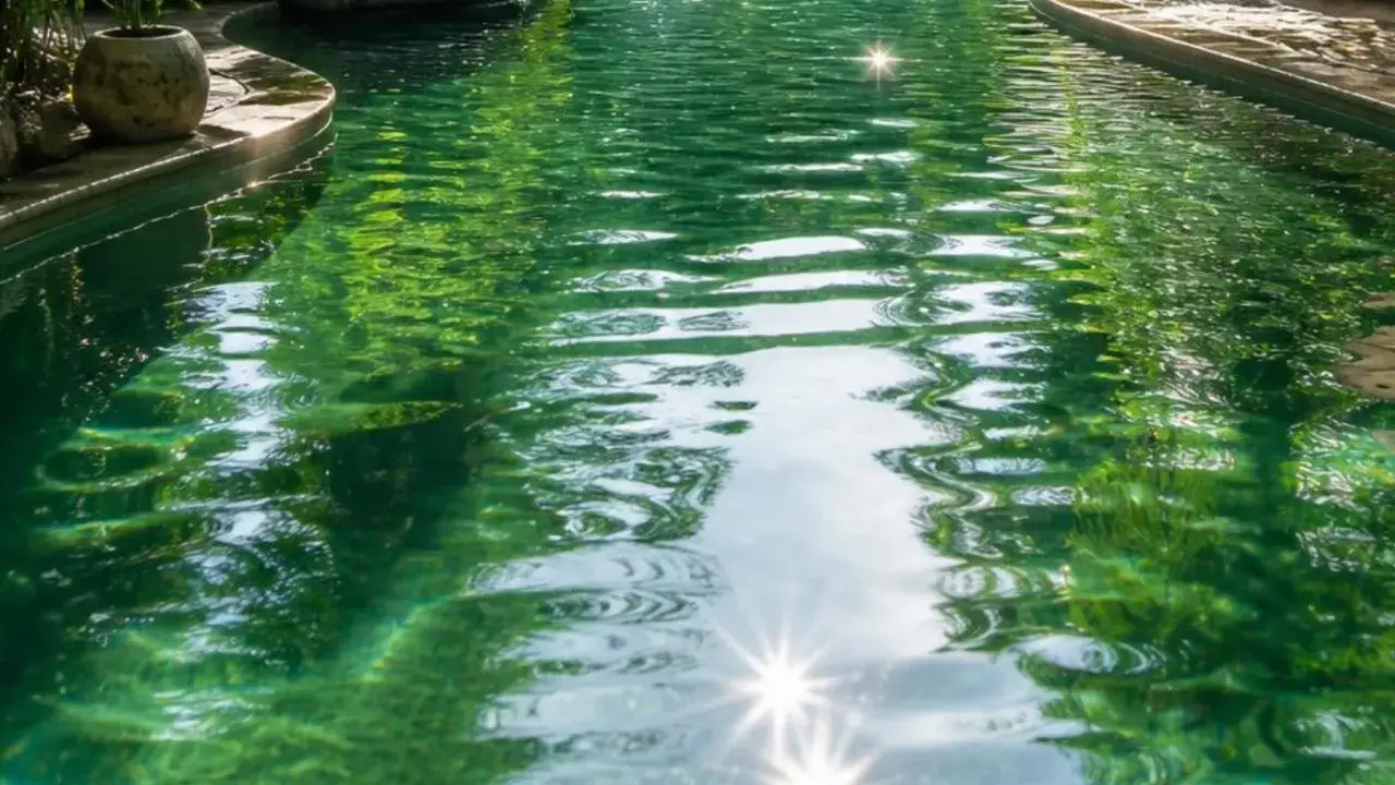 Agua cristalina de una piscina verde, reflejando la vegetación y el sol. Un oasis de tranquilidad.
