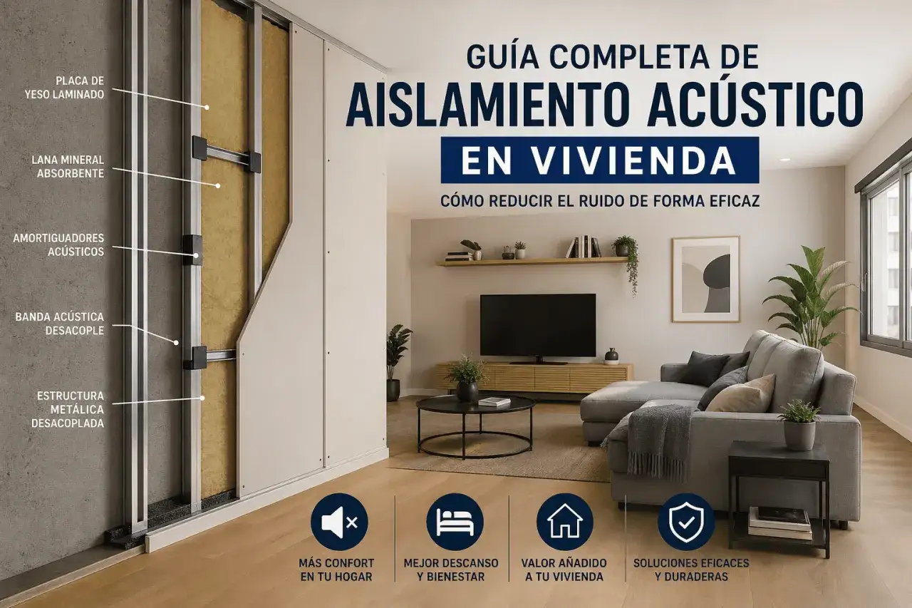 Guía completa de aislamiento acústico en vivienda: cómo insonorizar una habitación con lana mineral, estructura metálica y amortiguadores.