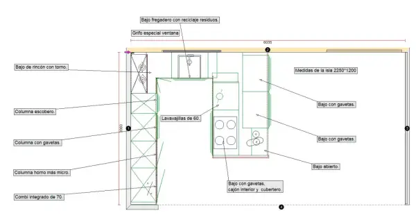 Plano de cocina con medidas detalladas: bajo fregadero, lavavajillas, columnas y una isla central.