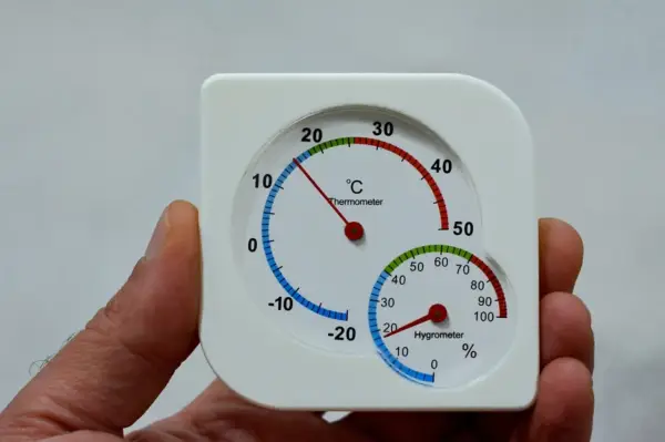 Termómetro y higrómetro en mano. La temperatura es de 10°C y la humedad es del 20%, buscando la humedad ideal.
