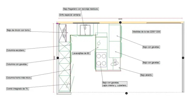 Plano de cocina con medidas detalladas: bajo fregadero, lavavajillas, columnas y una isla central.