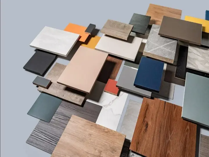 Muestras de melamina que es un material versátil para muebles, con texturas de madera, mármol y colores lisos.